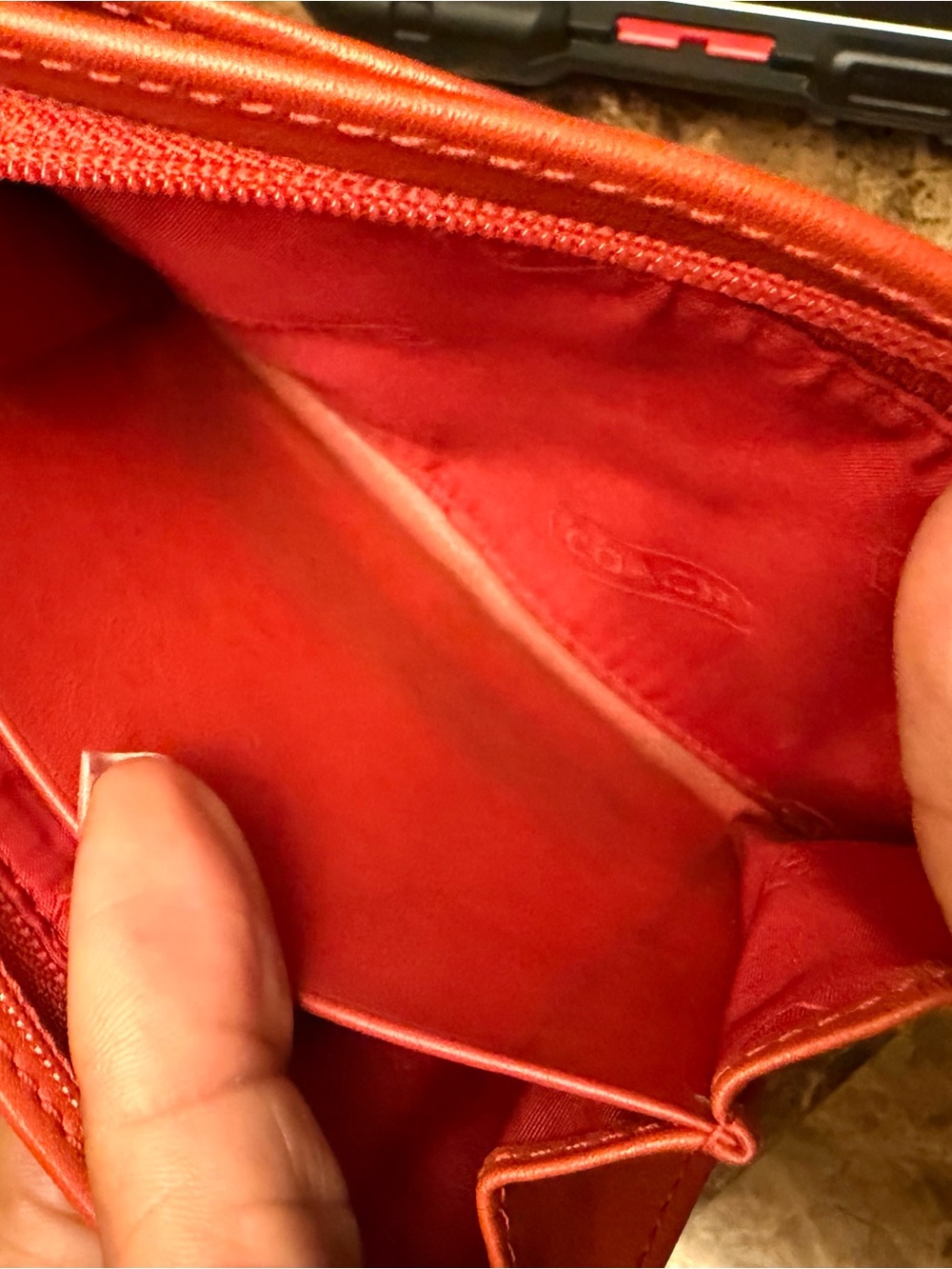 Coach Signature Canvas Bifold Wallet in Brown and Orange/Red - Picture 13 of 17